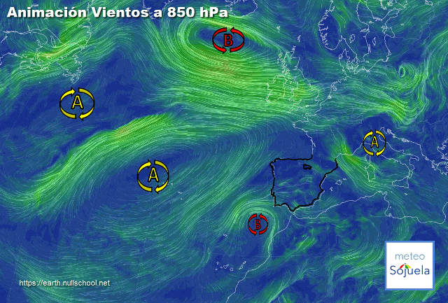 Animación Viento a 850hPa. Bloqueo anticiclónico y Baja en el SW