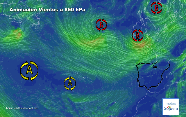 Animación Viento a 850hPa. Bloqueo anticiclónico y vientos del Oeste