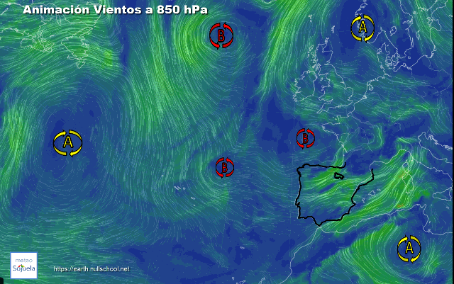 Animación Viento a 850hPa. Borrasca alejándose y otra en formación