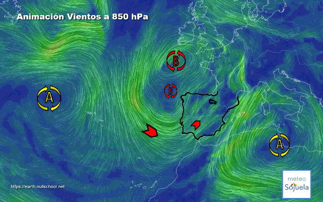 Animación Viento a 850hPa. Borrasca en el Nw y vientos de SW