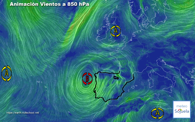 Animación Viento a 850hPa. Borrascón en el Atlántico afectando a la península