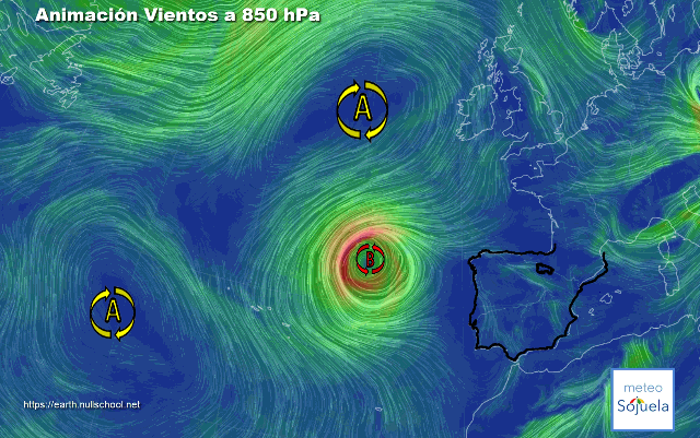 Animación Viento a 850hPa. Borrascón en el Atlántico