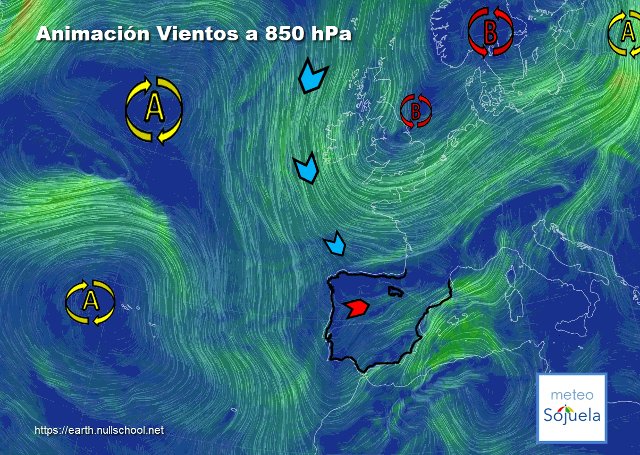 Animación Viento a 850hPa. Frente empujado por vientos del norte