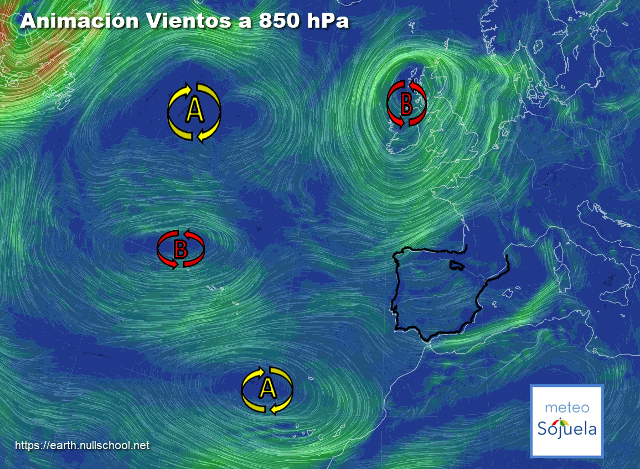 Animación Viento a 850hPa. Vientos de SW evolucionando a NW