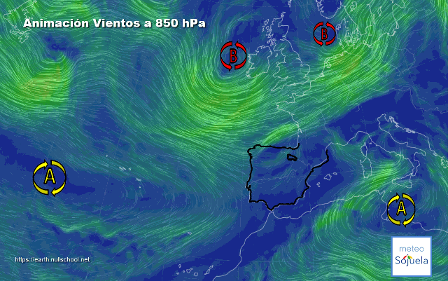 Animación Viento a 850hPa. Vientos de WSW y WNW