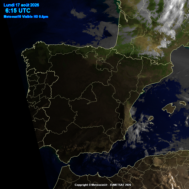 Animación imágenes satélite Meteosat.Nubes bajas a primeras horas, poco nuboso después