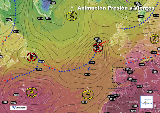 Animación presión y viento, Altas `presiones de bloqueo. y Baja Atlántica