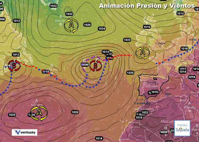 Animación presión y viento, Altas `presiones de bloqueo. y Baja Atlántica