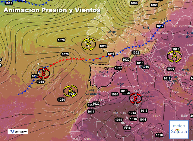 Animación presión y viento, Altas `presiones de bloqueo. y Baja desviándose hacia latitudes más altas