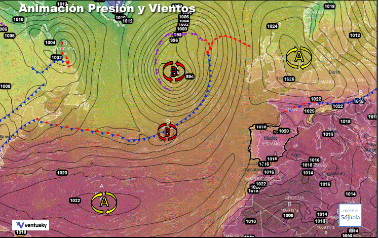 Animación presión y viento, Altas `presiones de bloqueo. y Borrascas desviándose hacia latitudes más altas