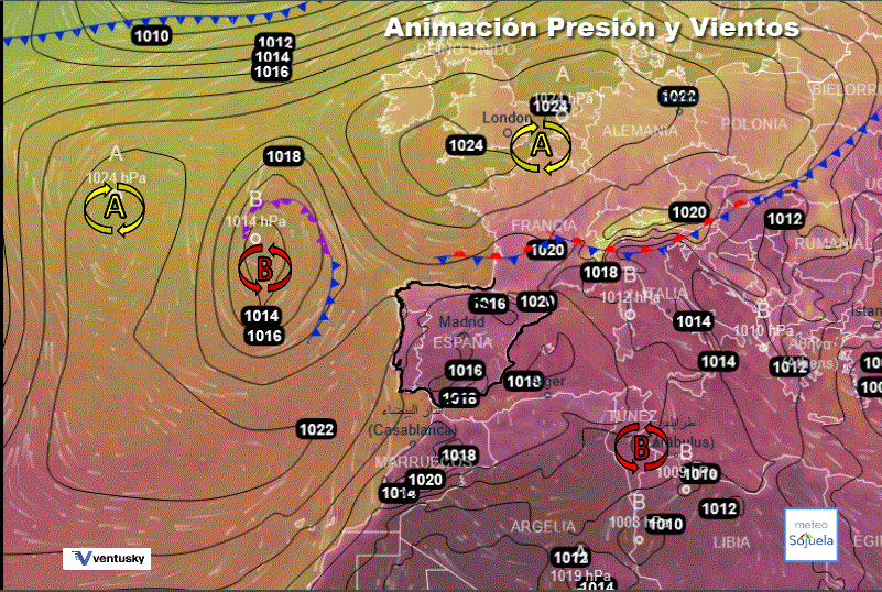 Animación presión y viento, Baja frente a las costas gallegas