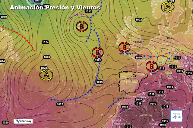 Animación presión y viento, Bajas presiones sobre la península
