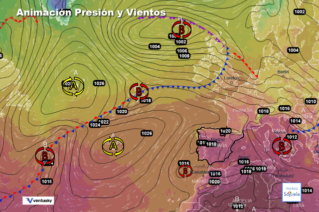 Animación presión y viento, Bloqueo anticlónico, baja en el Sw y frentes