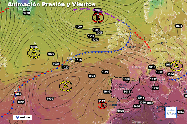 Animación presión y viento, Bloqueo anticlónicoy Baja en el SW