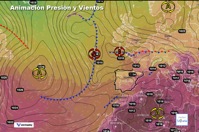 Animación presión y viento, Borrasca alejándose y otra en formación