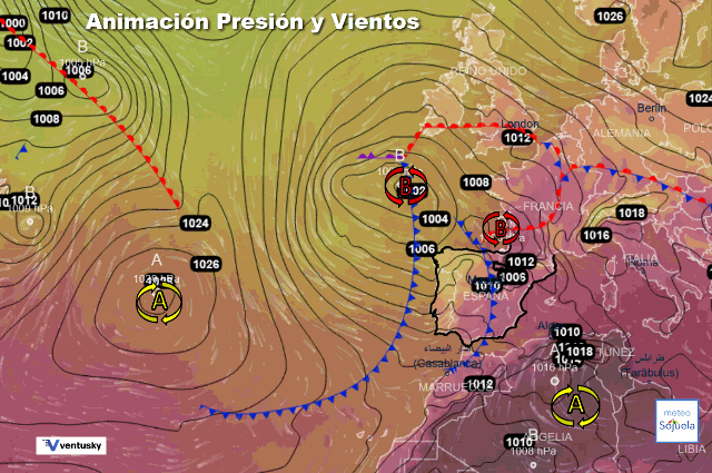 Animación presión y viento, Borrasca y frentes