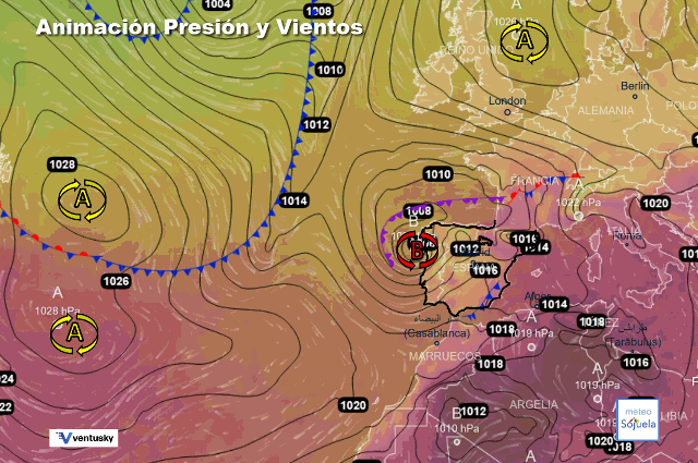 Animación presión y viento, Borrascón en el Atlántico afectando a la península