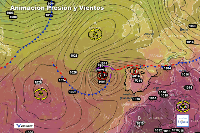Animación presión y viento, Borrascón en el Atlántico