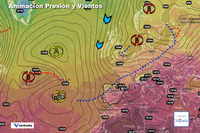 Animación presión y viento, Frente empujado por vientos del norte