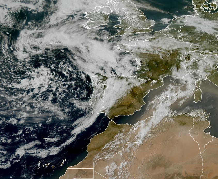 Imagen de satélite. Borrasca y frentes alcanzando la península