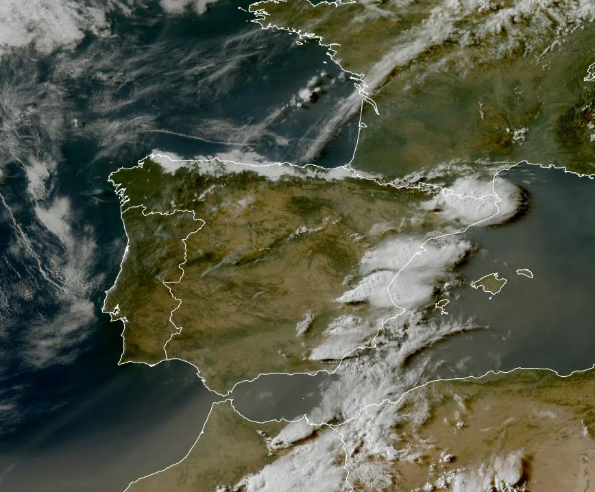 Imagen de satélite. Nubes bajas en el norte y tormentas en el Mediterráneo