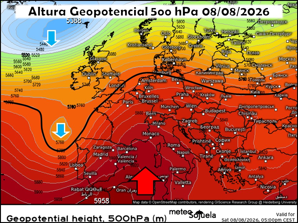 Vaguada de aire frío en el Atlántico y Dorsal en el Mediterráneo