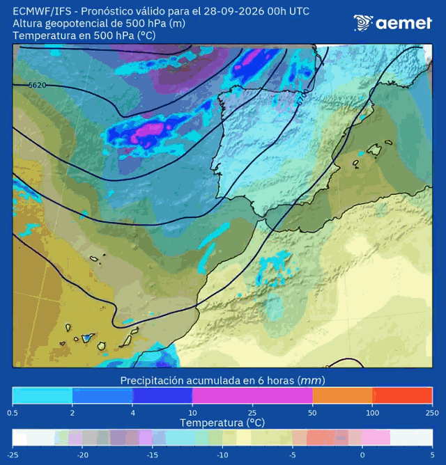 Animación Altura geopotencial 500hPa y precipitación AEMET