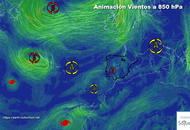 Animación Viento a 850hPa. Bajas presiones. Vientos del Sur Gonzalo y Fay