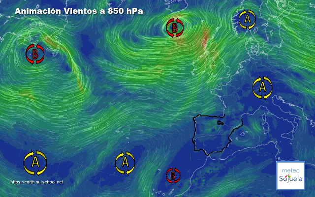 Animación Viento a 850hPa. Bloqueo anticiclónico y baja