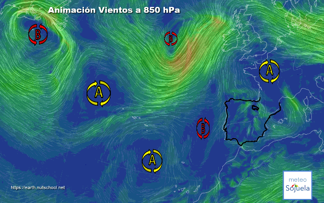 Animación Viento a 850hPa. Bloqueo anticiclónico y baja