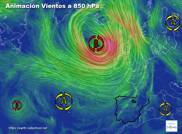 Animación Viento a 850hPa. Borrascon en el Atlántico y Altas Presiones en Europa