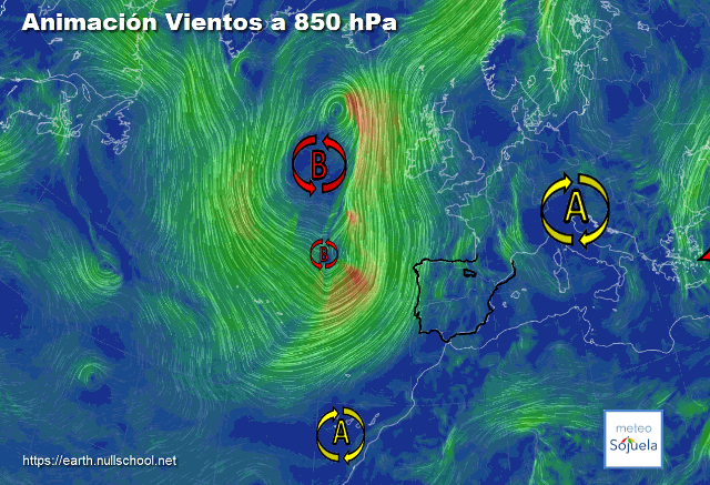 Animación Viento a 850hPa. Borrascon en el Atlántico y Altas Presiones en Europa
