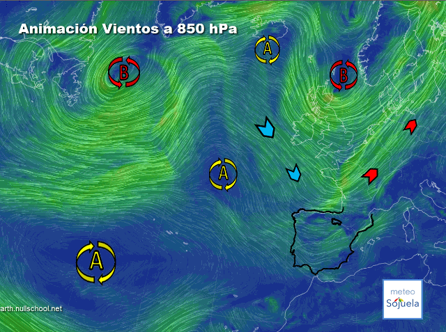 Animación Viento a 850hPa. Frente rolando los vientos de SW a NW