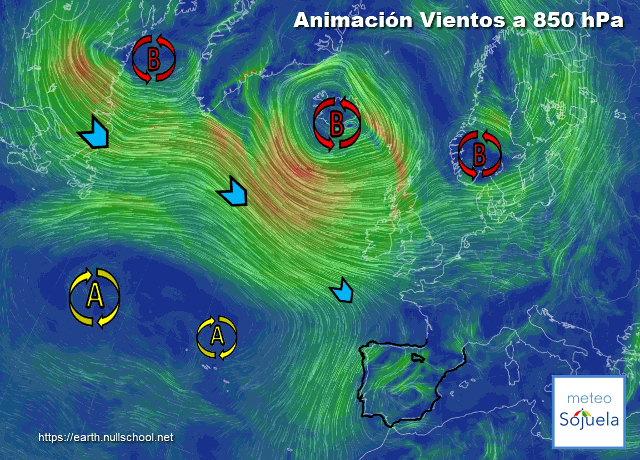 Animación Viento a 850hPa. Situación de NW