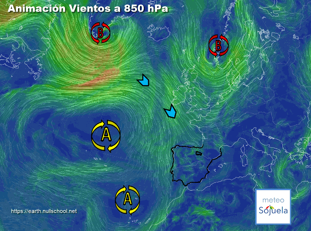 Animación Viento a 850hPa. Situación de NW