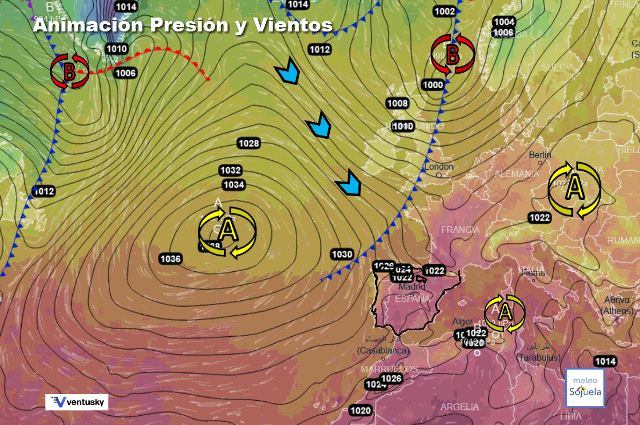 Animación presión y viento, Altas presiones y frente