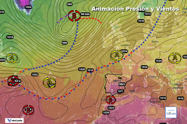Animación presión y viento, Altas presiones y frentes
