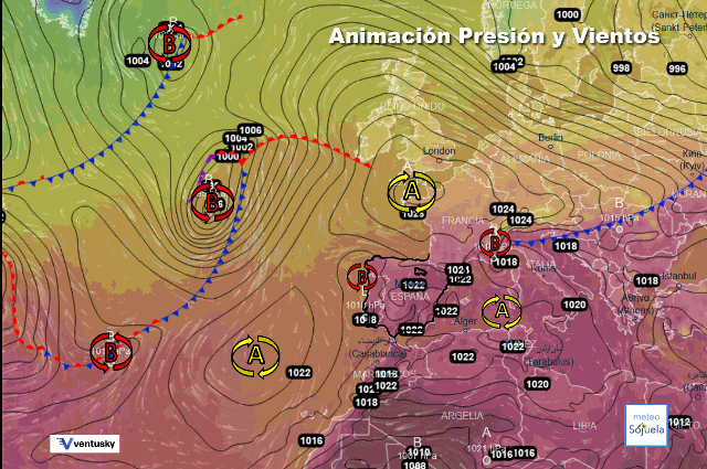 Animación presión y viento, Bloqueo anticlónico y baja
