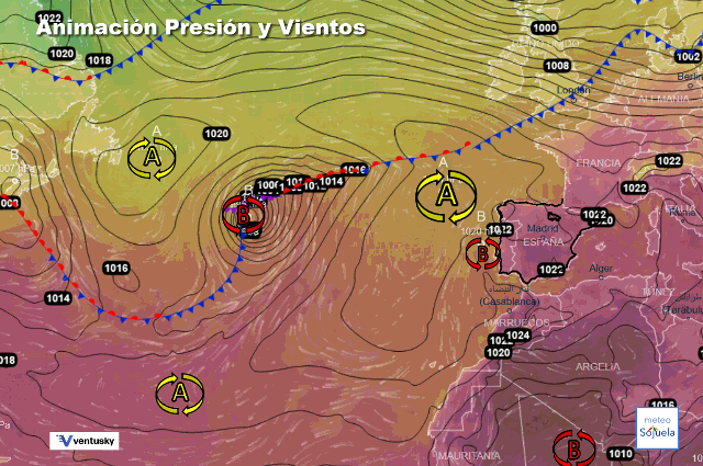 Animación presión y viento, Bloqueo anticlónico y baja