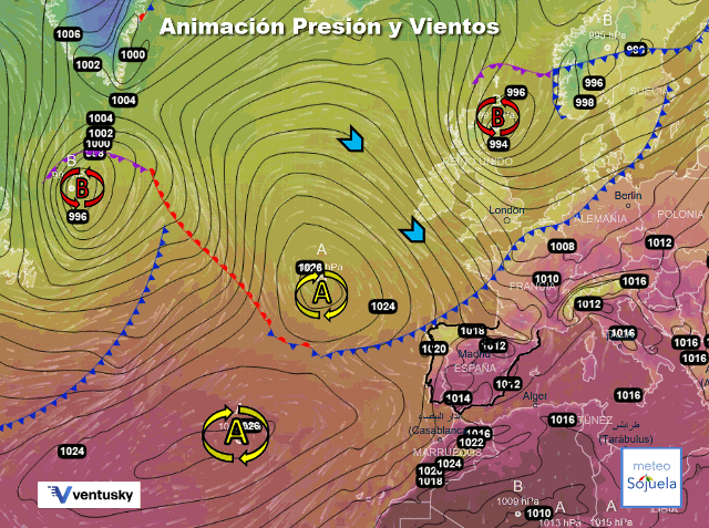 Animación presión y viento, Frente hacia la península