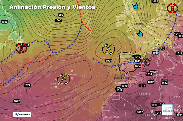 Animación presión y viento, Frentea travesando la peninsula