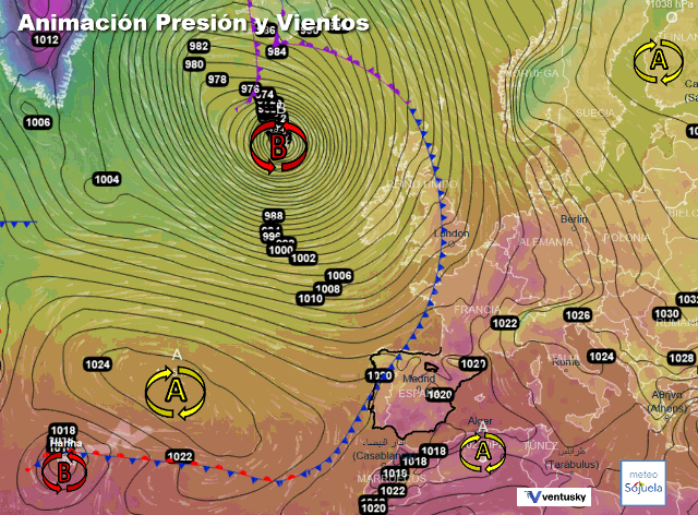 Animación presión y viento, Profunda borrasca atlántica