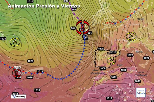 Animación presión y viento, Profunda borrasca atlántica