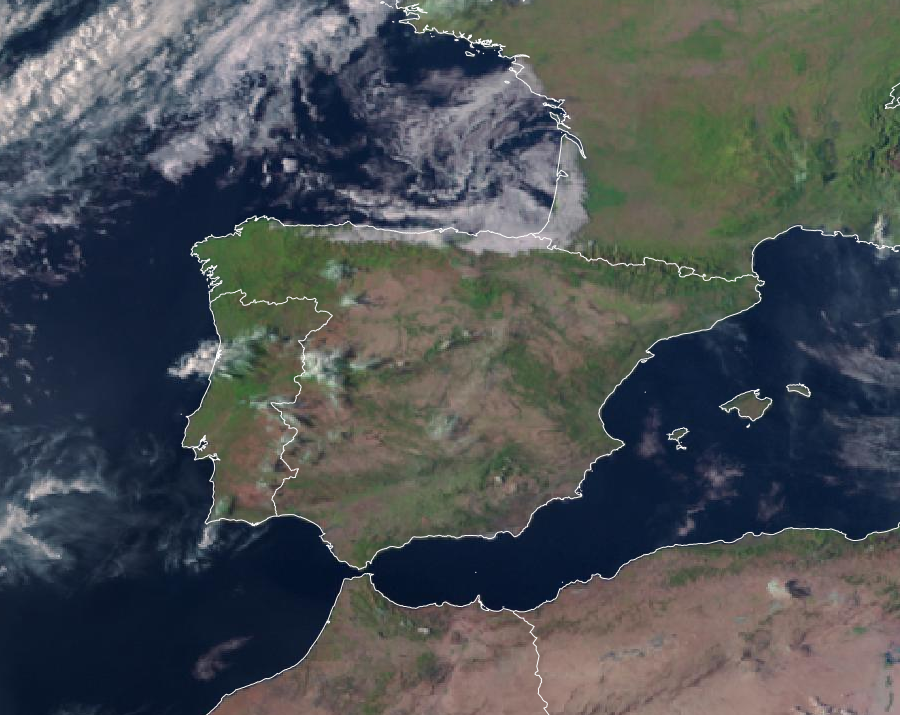 Imagen de satélite. Poco nuboso o despejado, con nubes bajas en el Norte