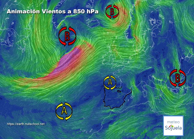Animación Viento a 850hPa. Altas presiones de bloqueo