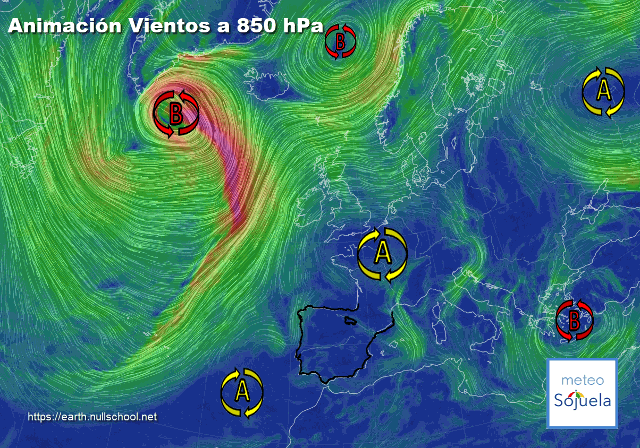 Animación Viento a 850hPa. Altas presiones de bloqueo