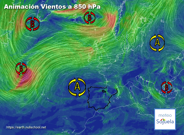 Animación Viento a 850hPa. Altas presiones de bloqueo y frente
