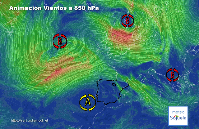 Animación Viento a 850hPa. Altas presiones de bloqueo y zonal de Oeste