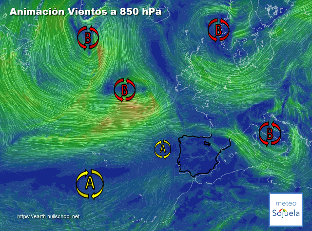 Animación Viento a 850hPa. Altas presiones de bloqueo