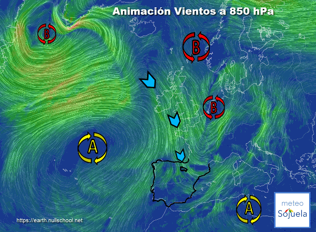 Animación Viento a 850hPa. Situación de NW